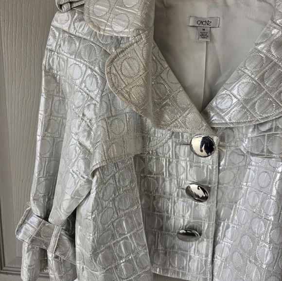 Cache Silver Jacket Women Sz M Shimmery Huge 3buttons Belted Sleveless Y2k Crop - Picture 8 of 16
